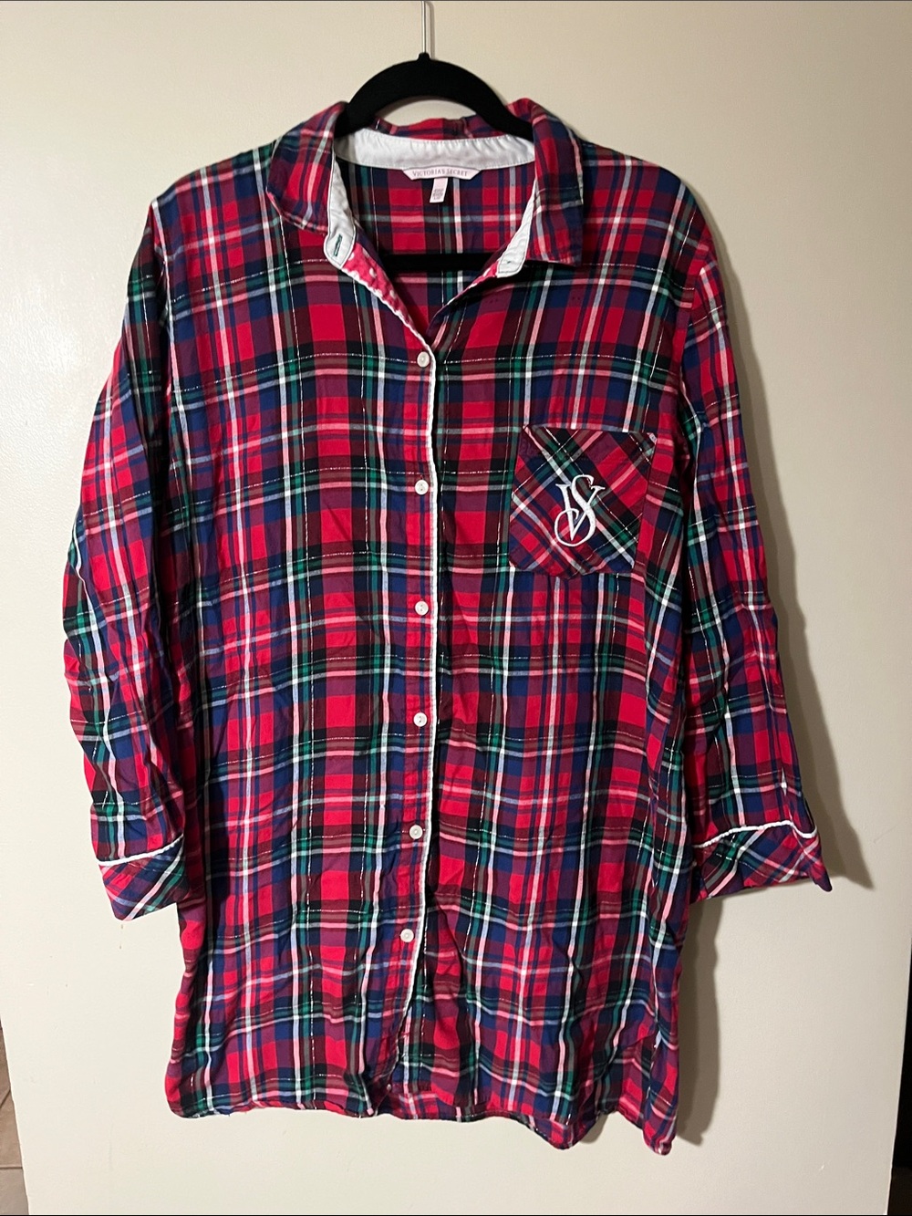 Victoria's Secret Red Green Plaid Button-Up Pajama Nightgown